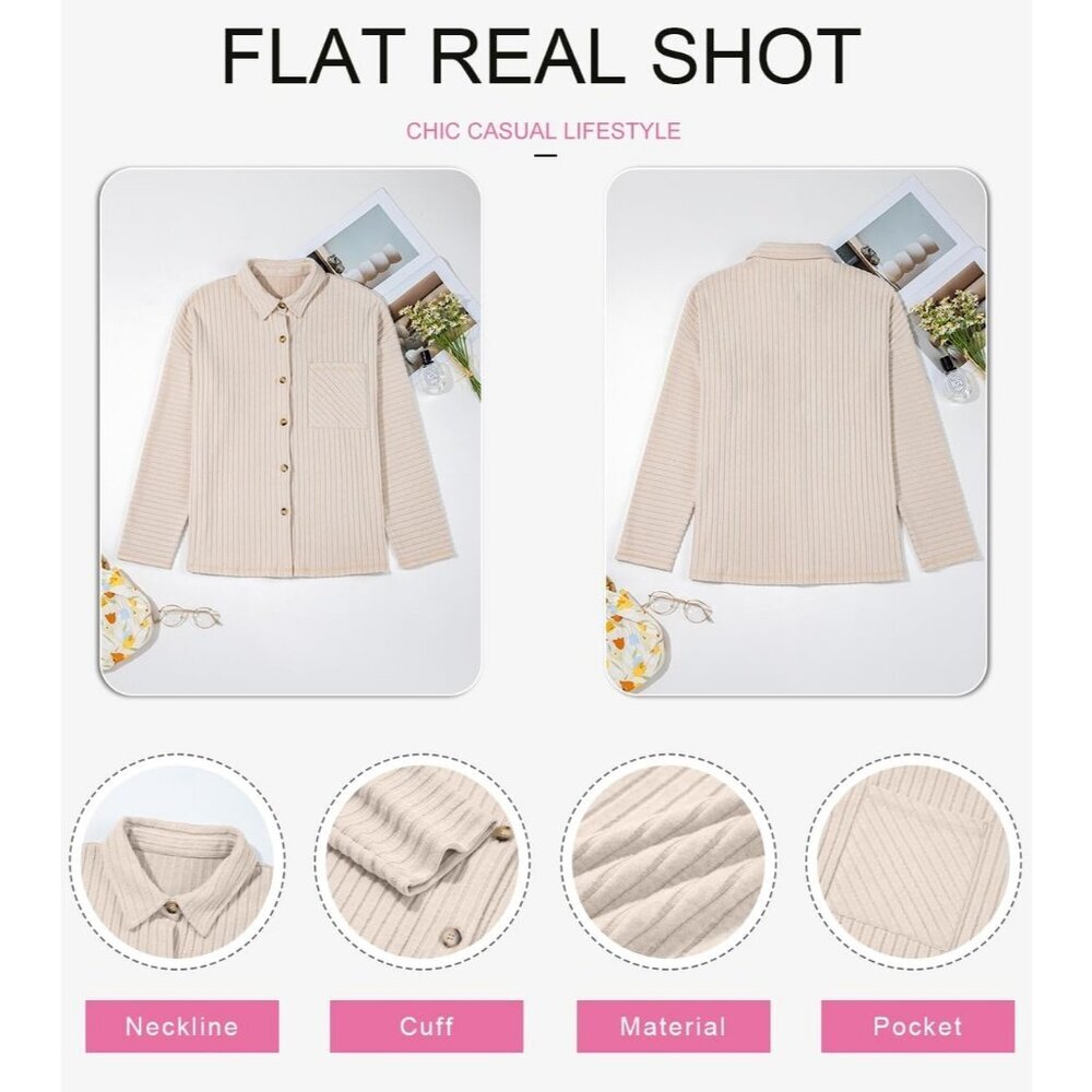 Women's Long Sleeve Beige Button Down Jacket Shirts Loose Sweater Blouses Tops - Picture 6 of 9
